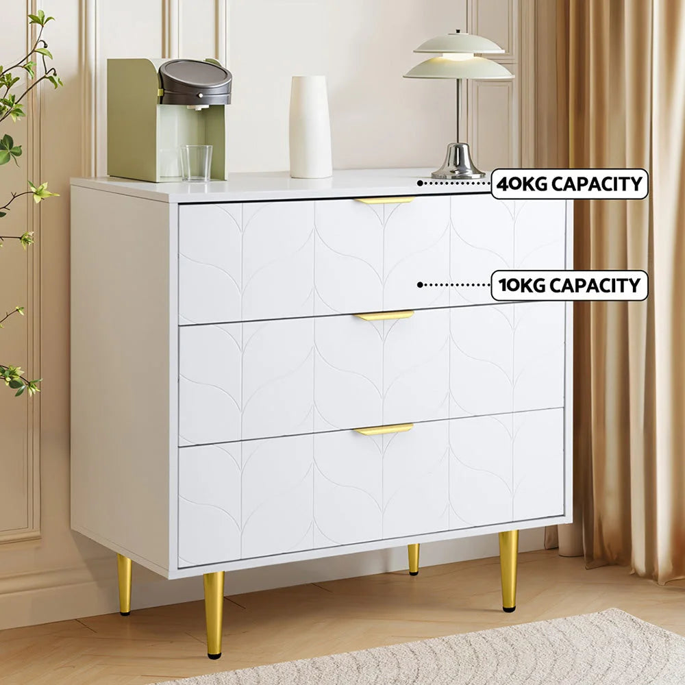 White chest drawers lowboy with handles, panels and accessory pieces