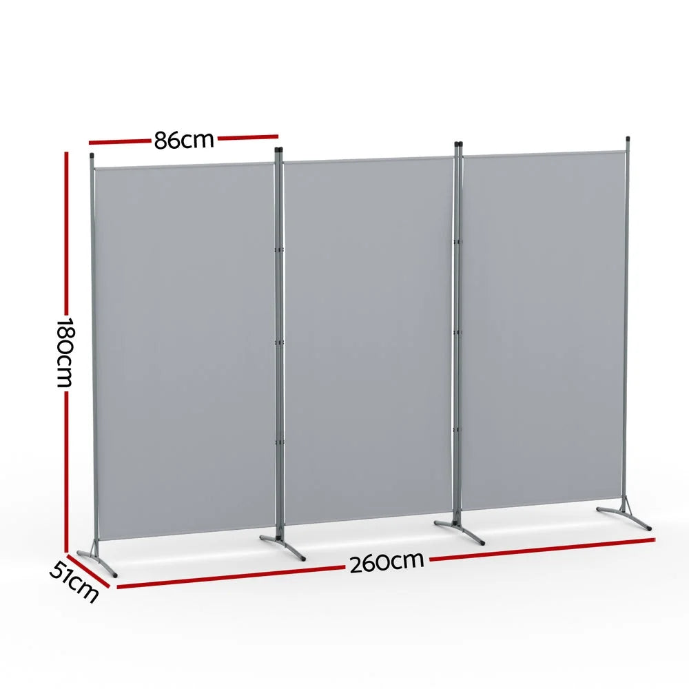 3 Panel Room Divider Screen with 260x180cm Fabric Grey