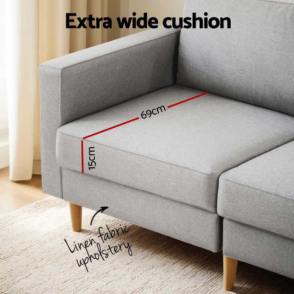 Artiss 3 Seater Sofa 225cm Linen Fabric Grey - Furniture >