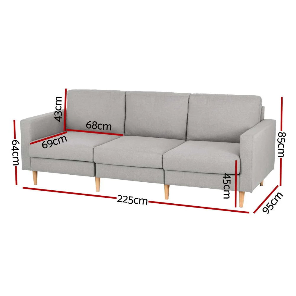 Artiss 3 Seater Sofa 225cm Linen Fabric Grey - Furniture >