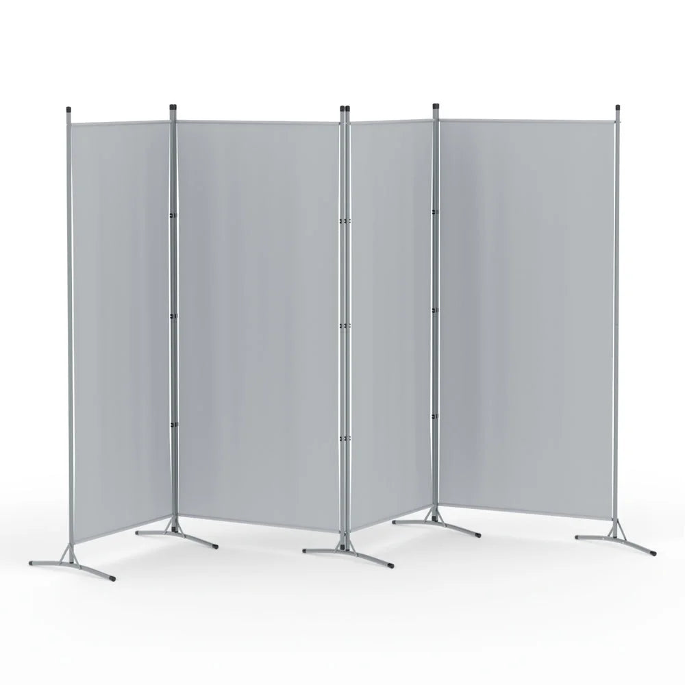Grey fabric 345x180cm room divider screen with folding privacy panels and wooden screen frame