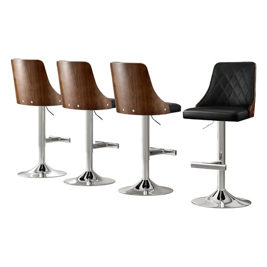 Black wood bar stool swivel with shaped seat and supportive backrest