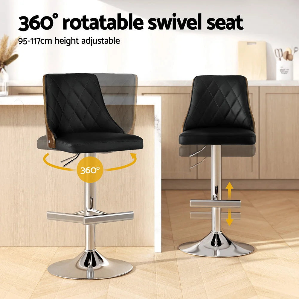 Black wood bar stool swivel with cushioned seat and curved backrest