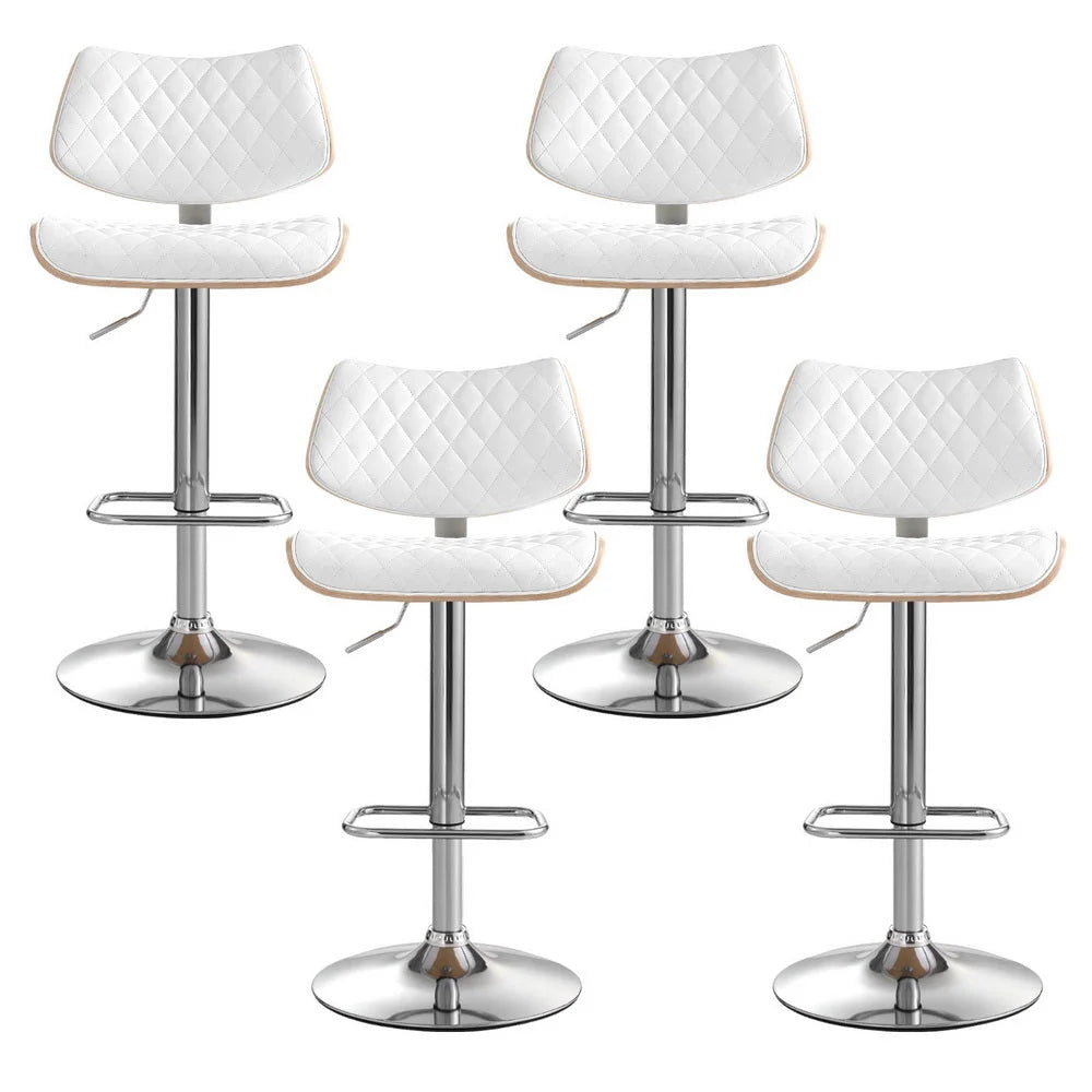 Set of four white wooden gas lift bar stools