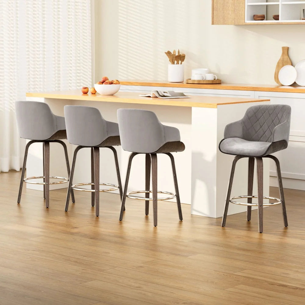 Wooden 4x bar stools swivel with velvet padded
