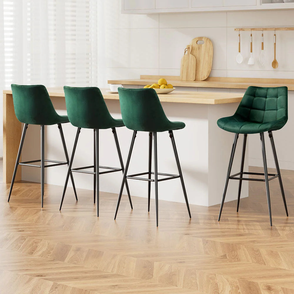 Artiss 4x Bar Stools Velvet Chairs Green - Furniture > Bar