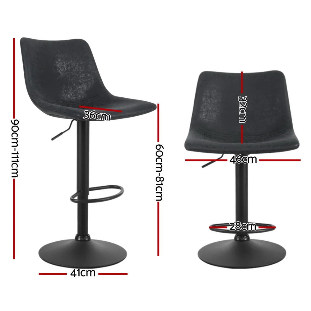 4x Bar Stools Vintage Leather with Swivel Gas Lift Black