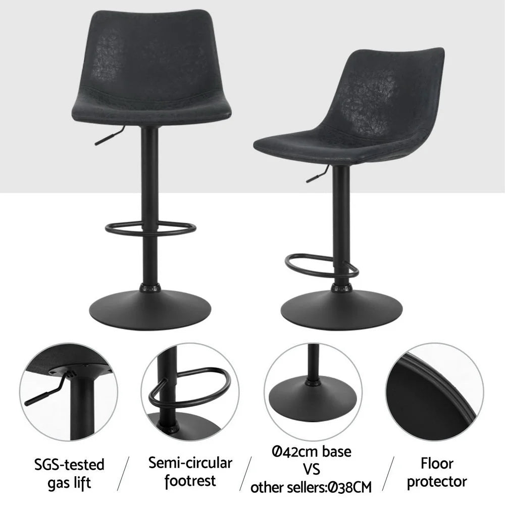 4x Bar Stools Vintage Swivel Gas Black Leather