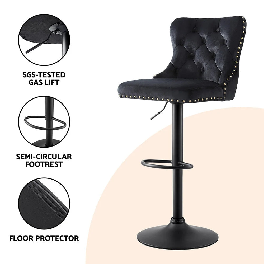 Velvet bar stool adjustable with cushioned seat and curved backrest