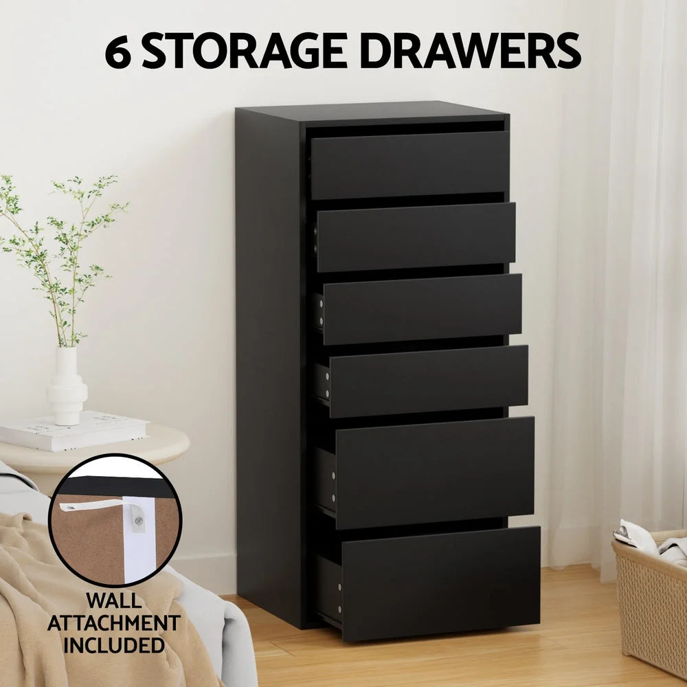 Artiss 6 Chest of Drawers Dresser Tallboy Black - Furniture