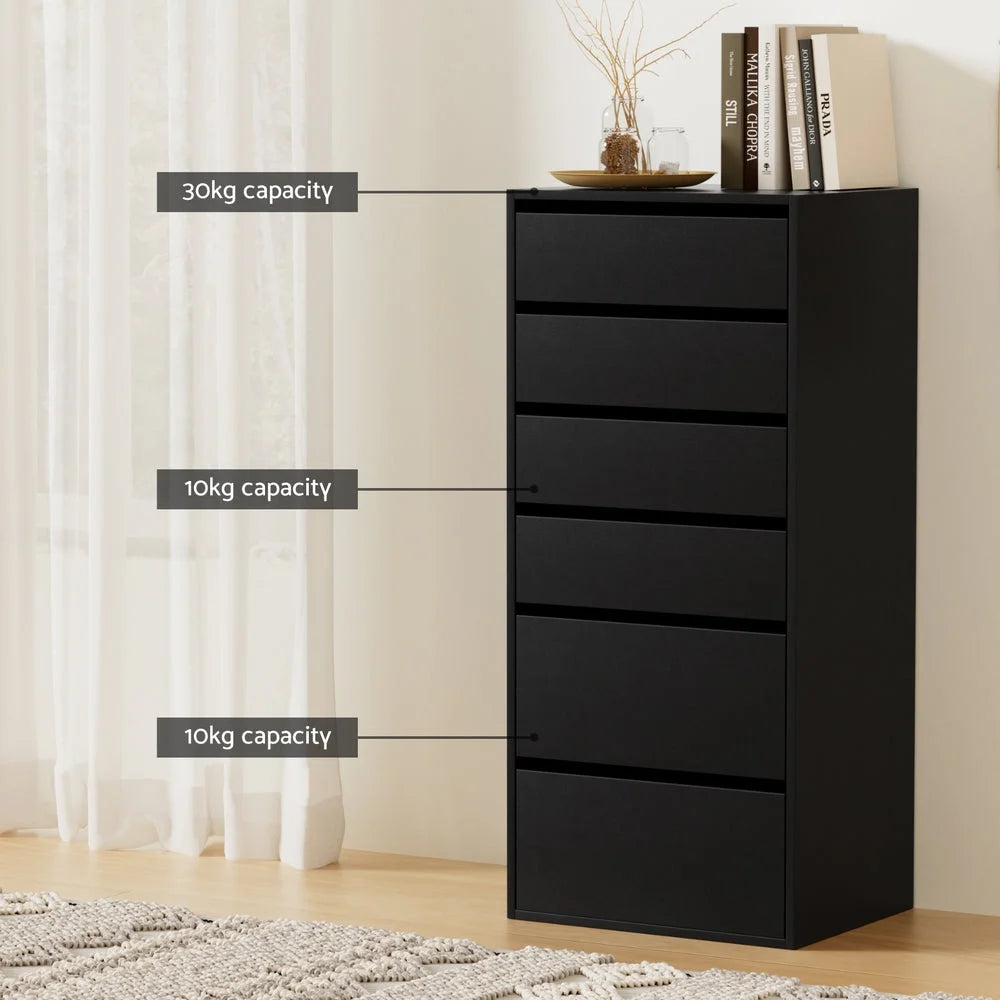 Artiss 6 Chest of Drawers Dresser Tallboy Black - Furniture