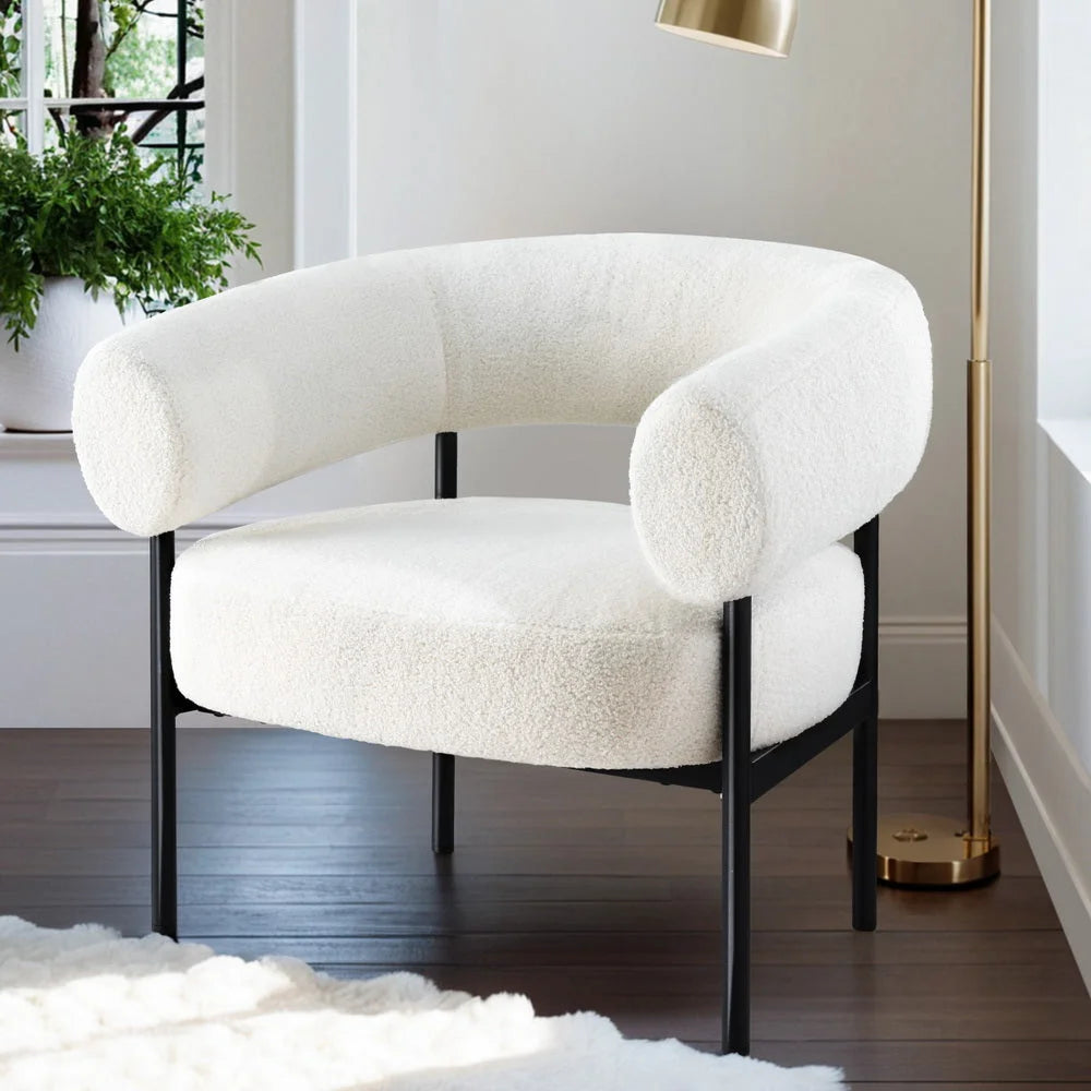 White chair with armchair accent curved boucle