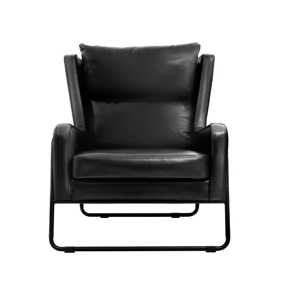 Black leather accent chair with hanging seat and stand supports
