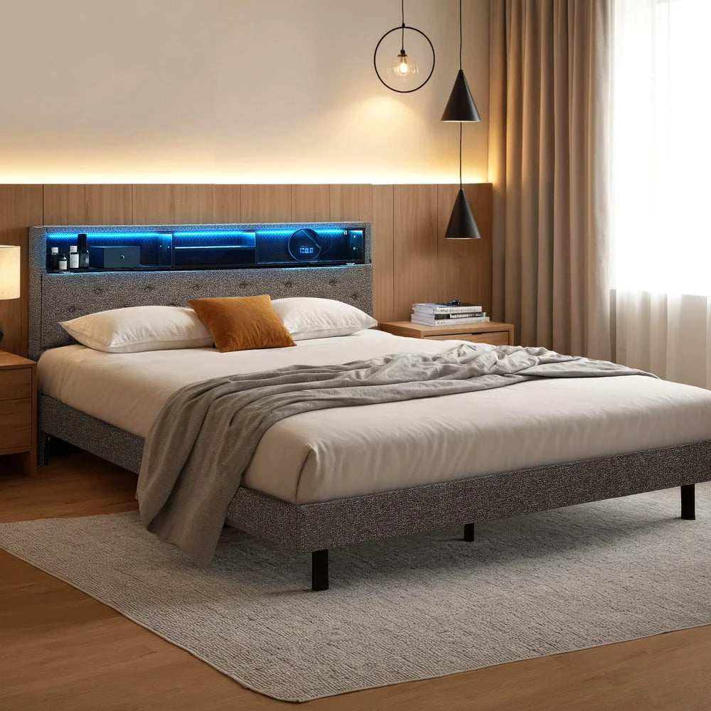 Grey storage shelf Bed Frame Double Size LED