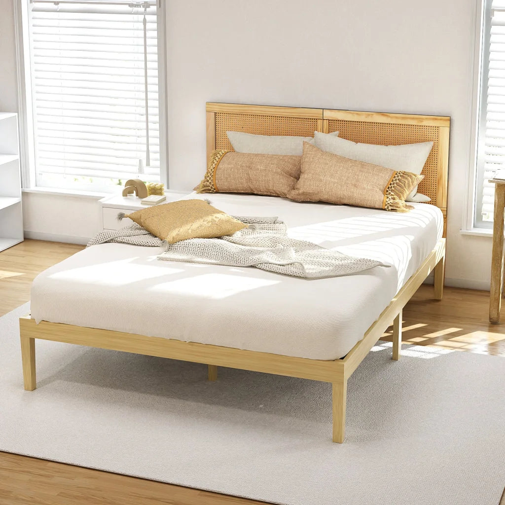 Artiss Bed Frame Double Size with Rattan Headboard Wooden