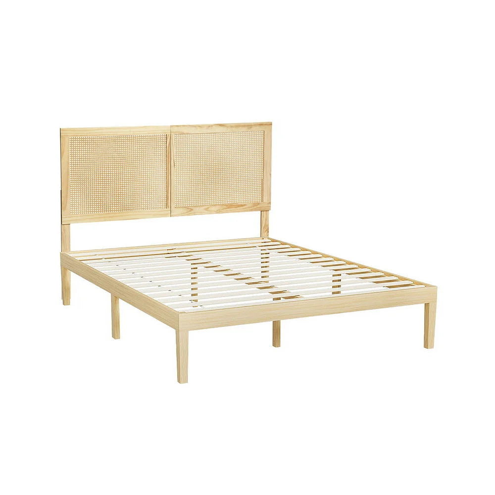 Artiss Bed Frame Double Size with Rattan Headboard Wooden