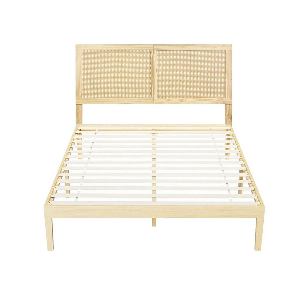 Artiss Bed Frame Double Size with Rattan Headboard Wooden