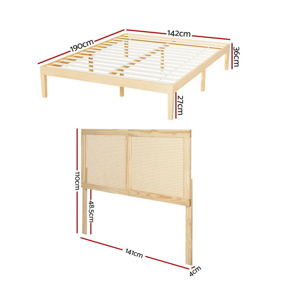 Artiss Bed Frame Double Size with Rattan Headboard Wooden