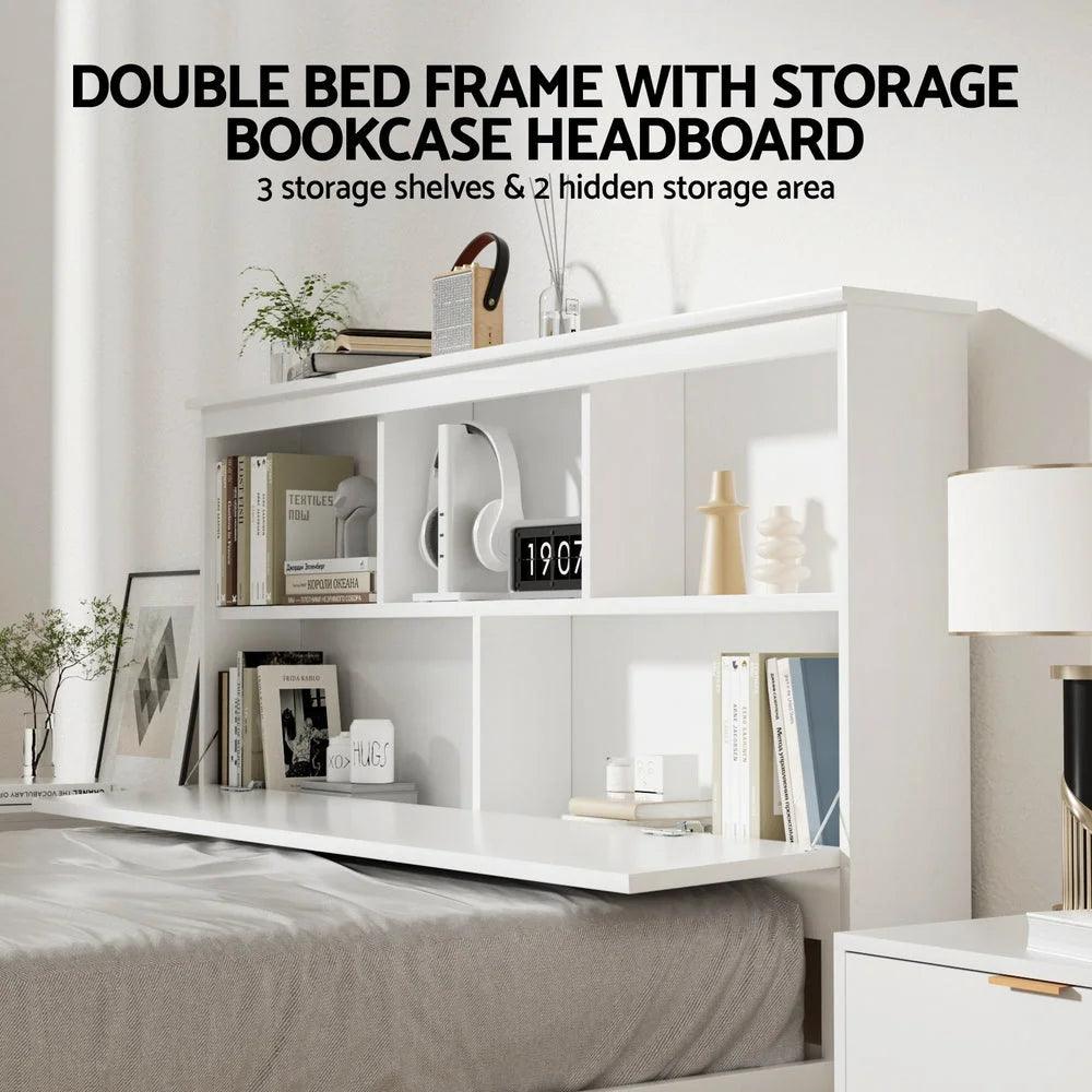 Artiss Bed Frame Double Size Wooden with 3 Shelves Bed Head
