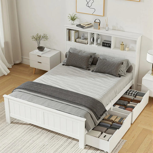 Artiss Bed Frame Double Size Wooden with 3 Shelves Bed Head