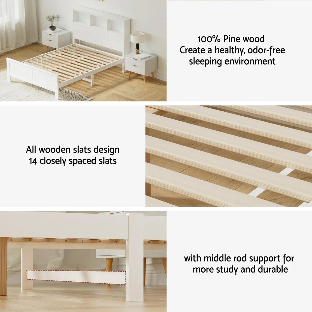 Artiss Bed Frame Double Size Wooden with 3 Shelves Bed Head