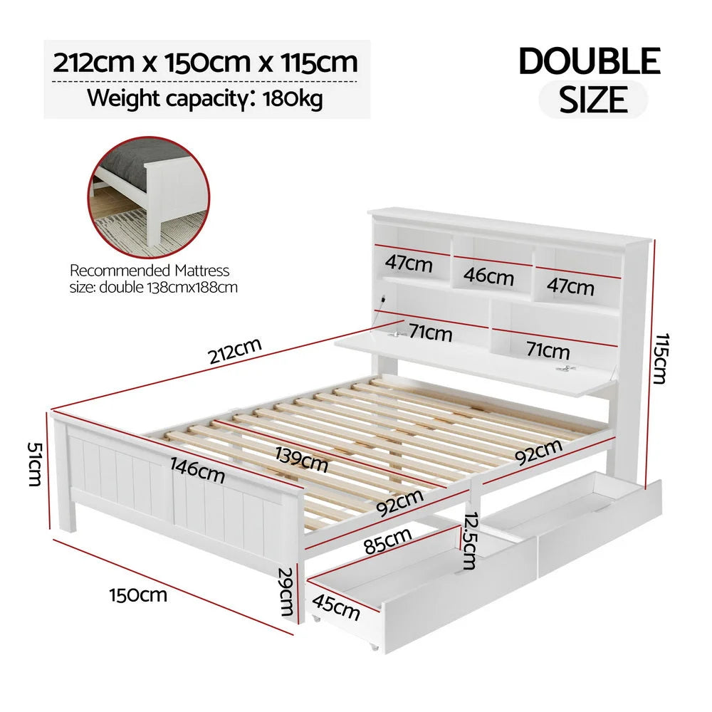 Artiss Bed Frame Double Size Wooden with 3 Shelves Bed Head