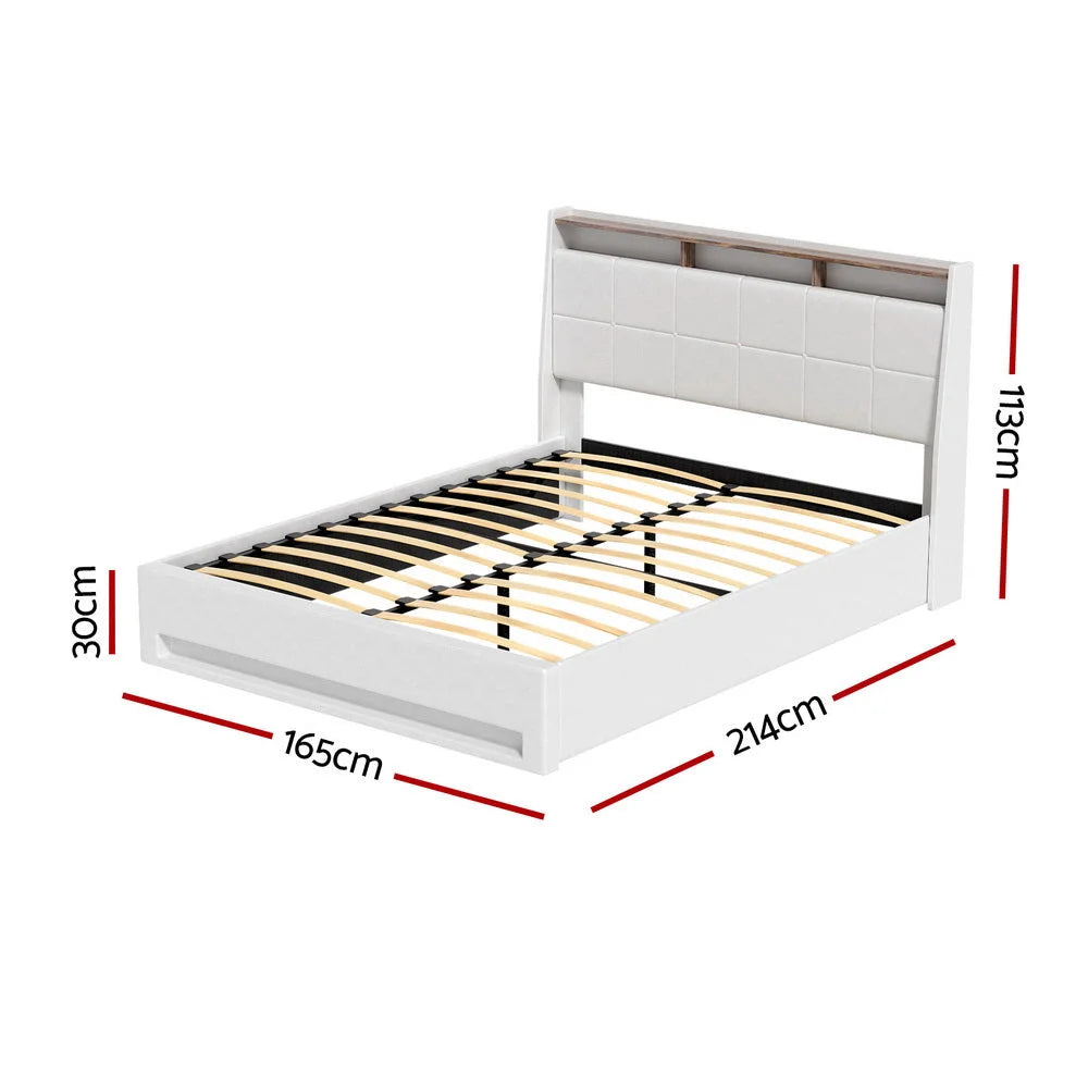 Artiss Bed Frame Gas Lift LED Beds Base Platform White PVC