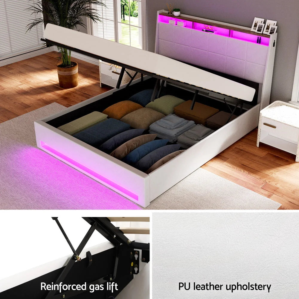 Artiss Bed Frame Gas Lift LED Beds Base Platform White PVC