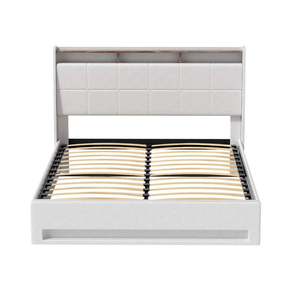Artiss Bed Frame Gas Lift LED Beds Base Platform White PVC