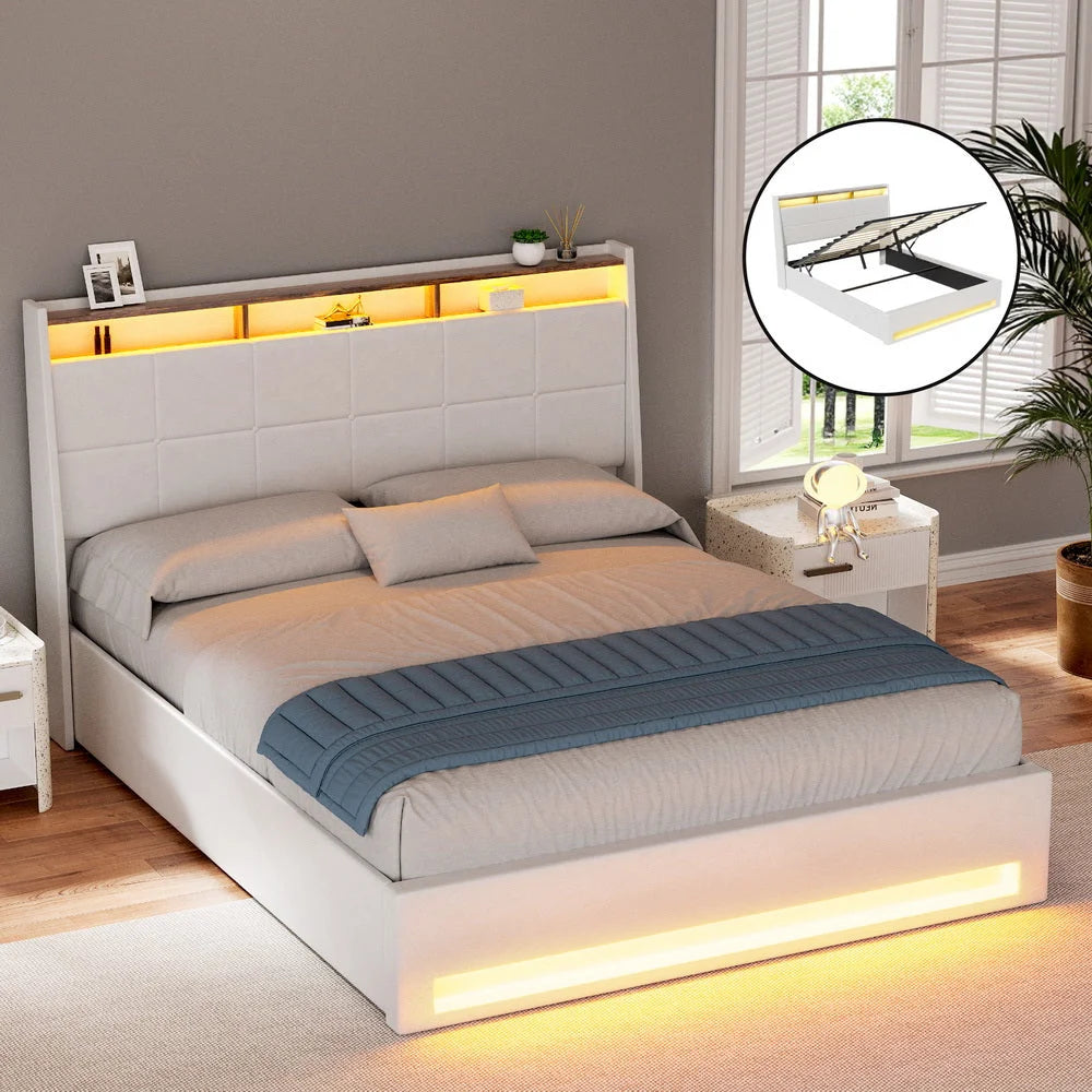 Artiss Bed Frame Gas Lift LED Beds Base Platform White PVC