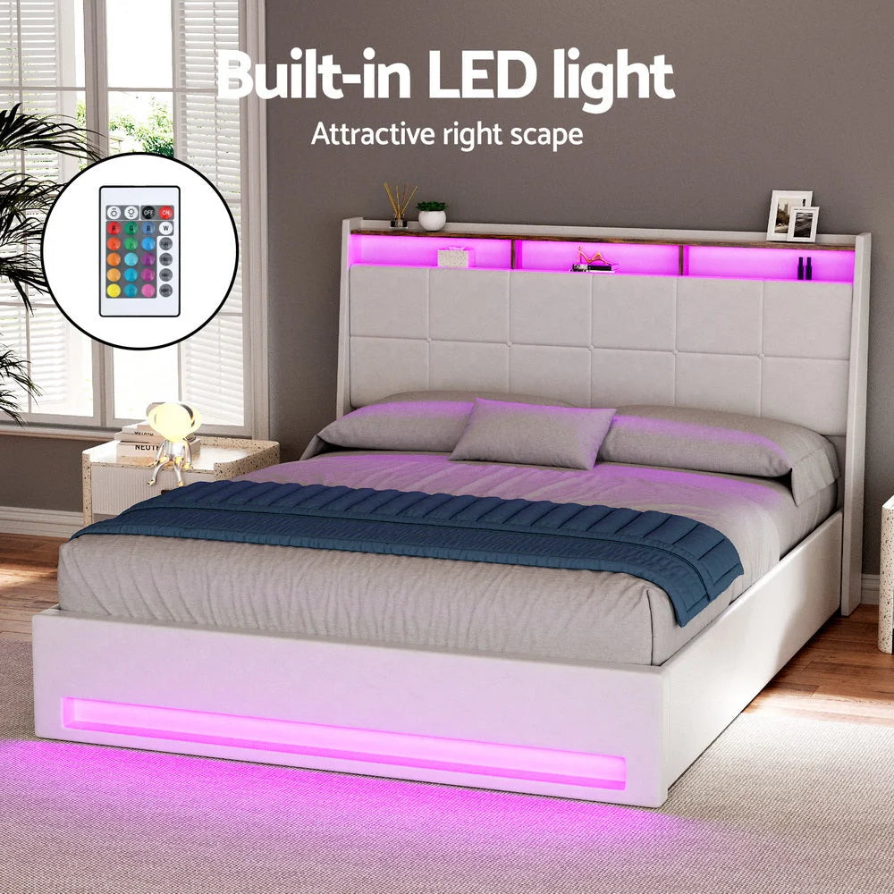 Artiss Bed Frame Gas Lift LED Beds Base Platform White PVC