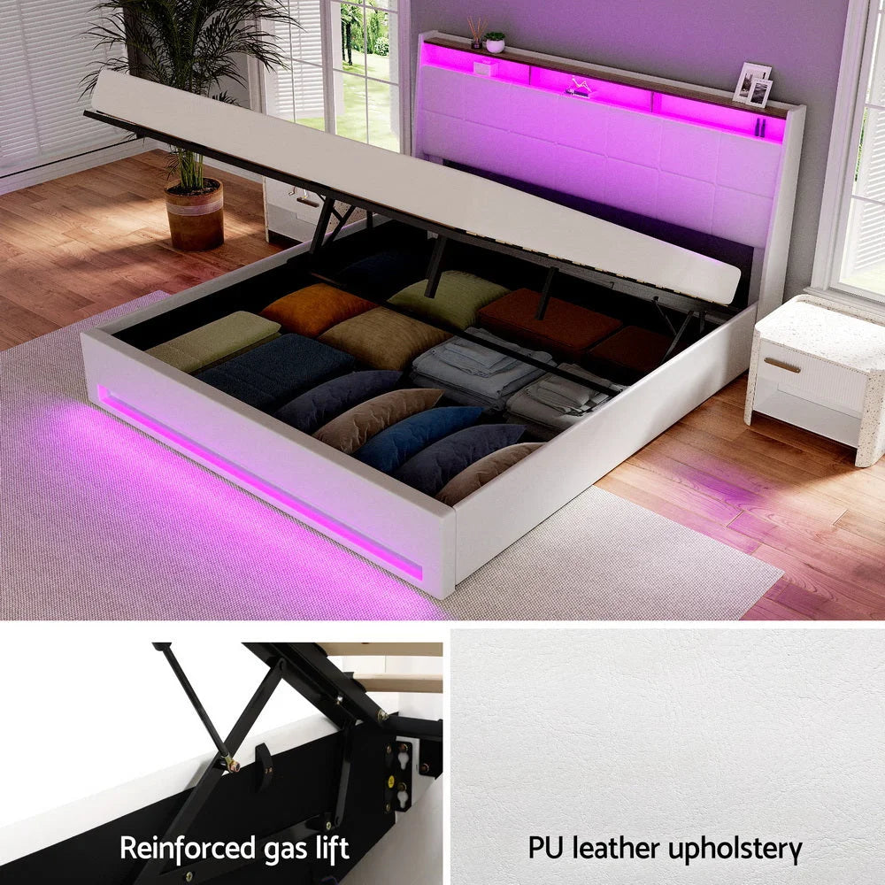 Artiss Bed Frame Gas Lift LED Beds Base Platform White PVC