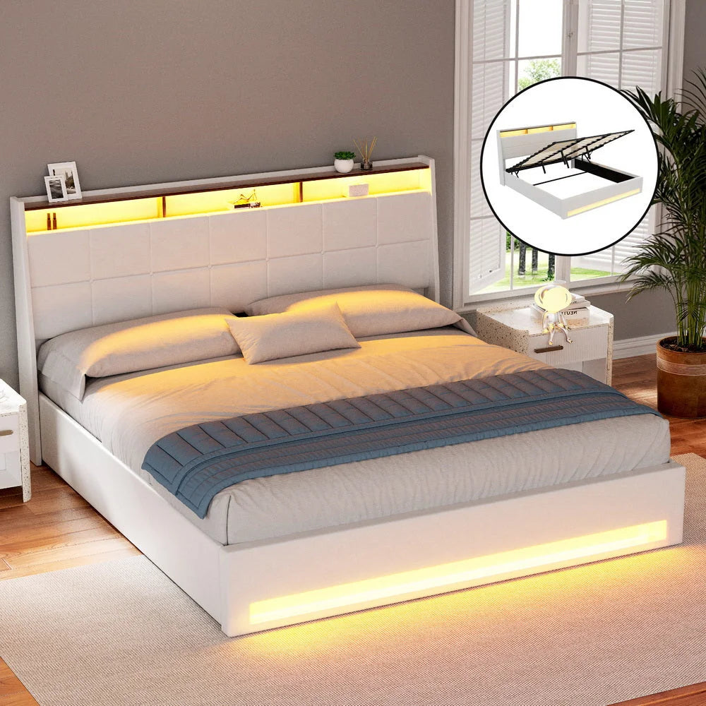 Artiss Bed Frame Gas Lift LED Beds Base Platform White PVC