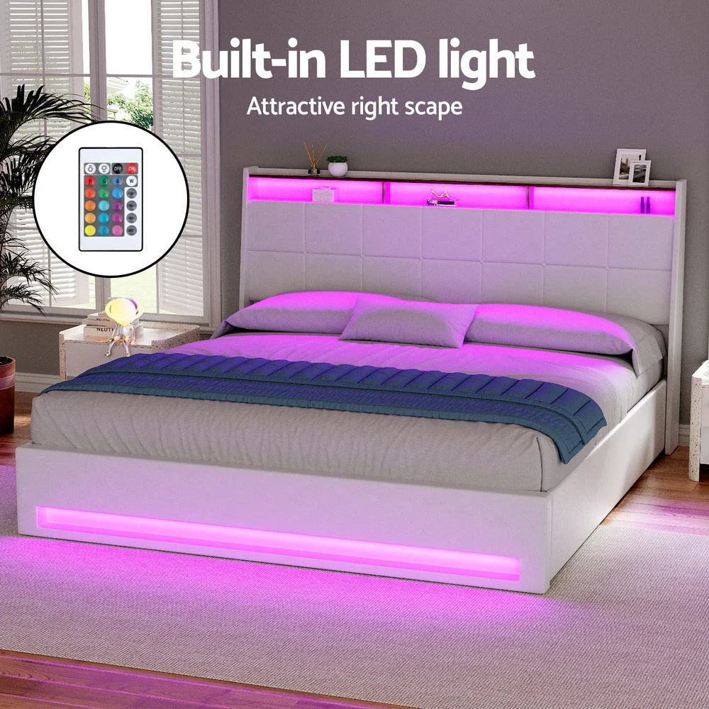 Artiss Bed Frame Gas Lift LED Beds Base Platform White PVC