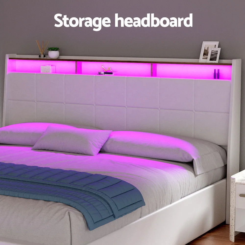 Artiss Bed Frame Gas Lift LED Beds Base Platform White PVC