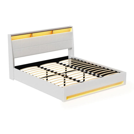 Artiss Bed Frame Gas Lift LED Beds Base Platform White PVC