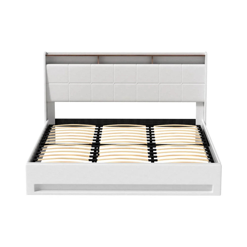 Artiss Bed Frame Gas Lift LED Beds Base Platform White PVC
