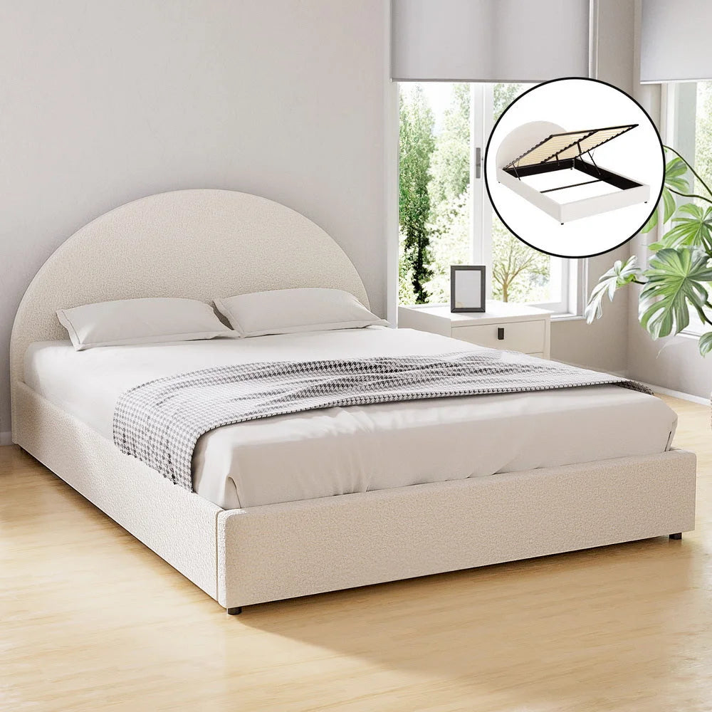 Fabric bed gas lift with upholstered headboard and side rails