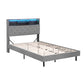 Grey bed frame with storage base and upholstered headboard