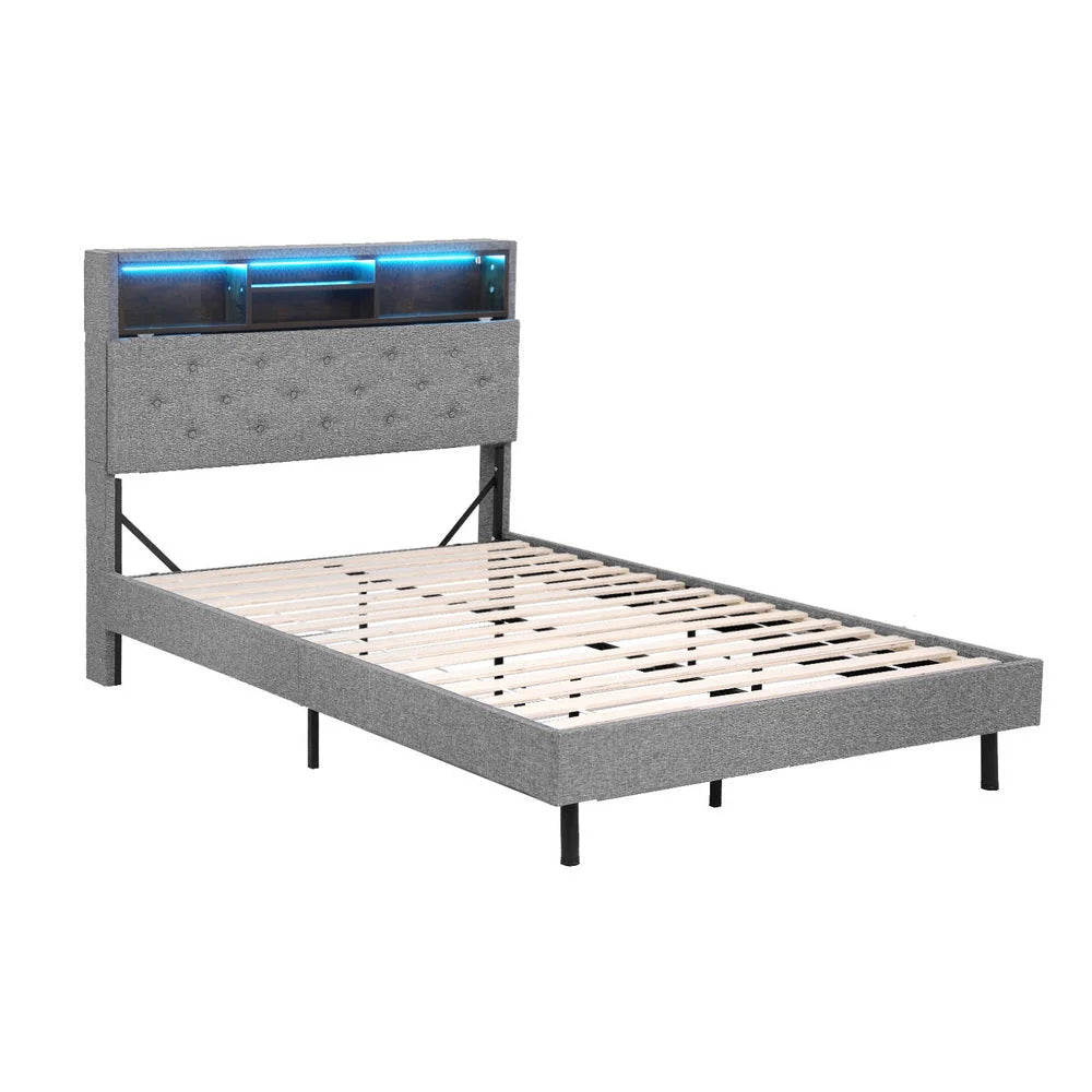 Grey bed frame with storage base and upholstered headboard