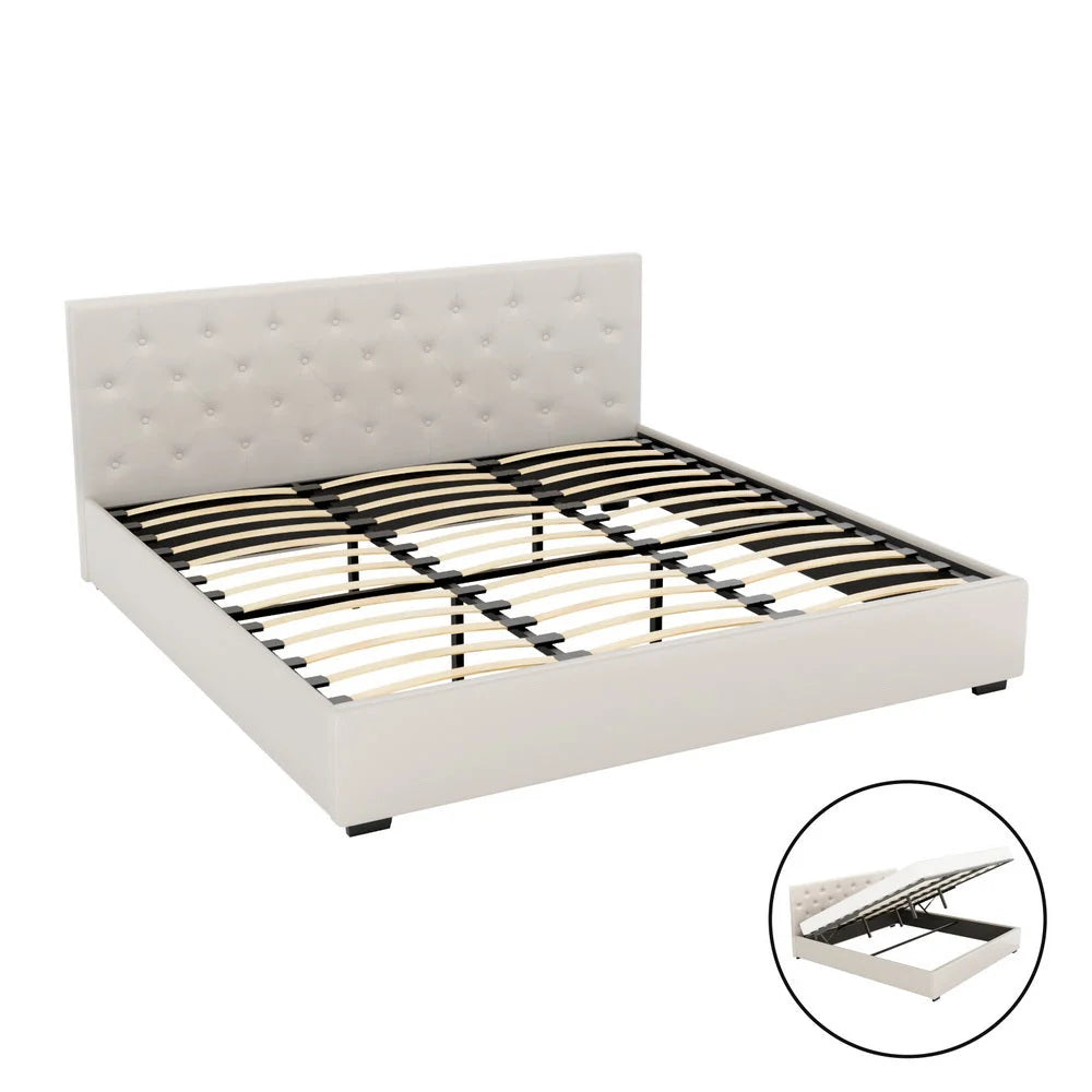 Artiss Bed Frame King Size Gas Lift Beige VILA - Furniture