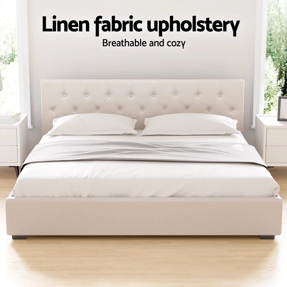 Artiss Bed Frame King Size Gas Lift Beige VILA - Furniture