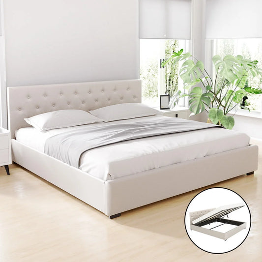 Artiss Bed Frame King Size Gas Lift Beige VILA - Furniture