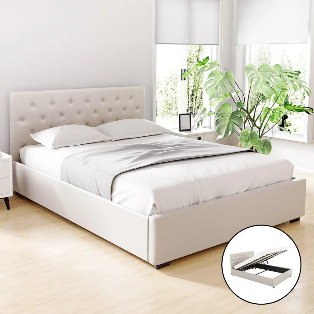 Artiss Bed Frame Queen Size Gas Lift Beige VILA - Furniture