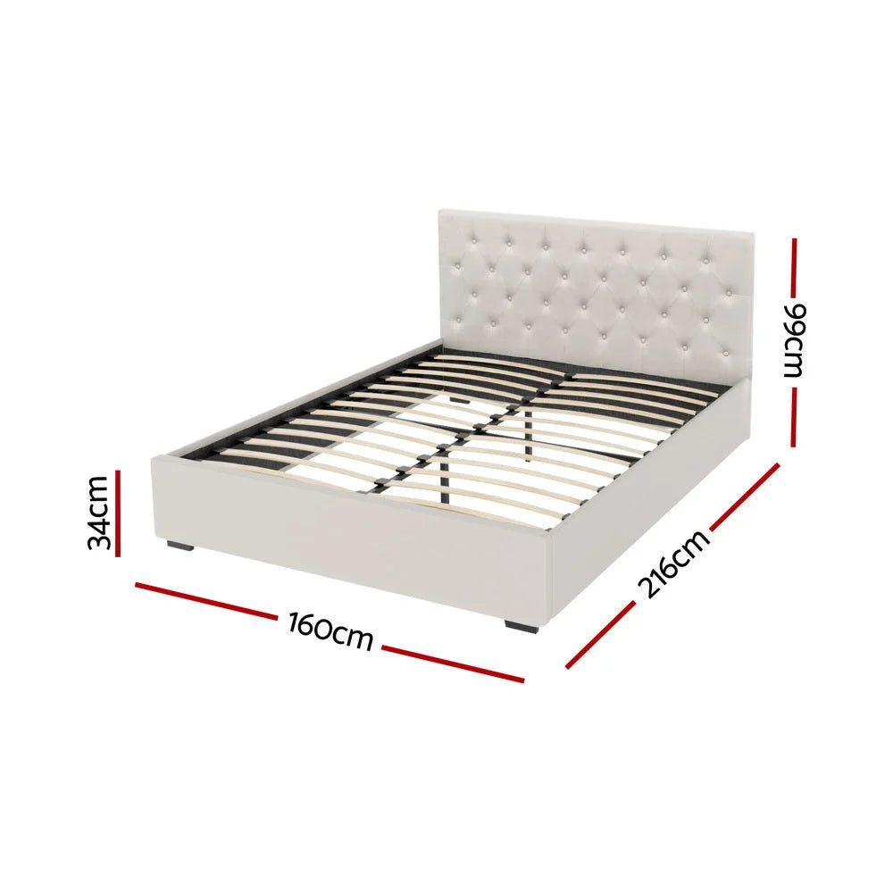 Artiss Bed Frame Queen Size Gas Lift Beige VILA - Furniture