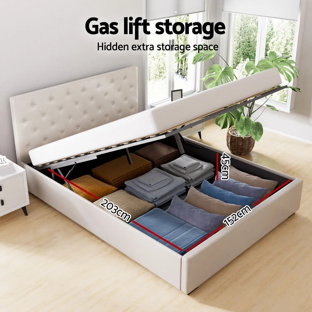 Artiss Bed Frame Queen Size Gas Lift Beige VILA - Furniture