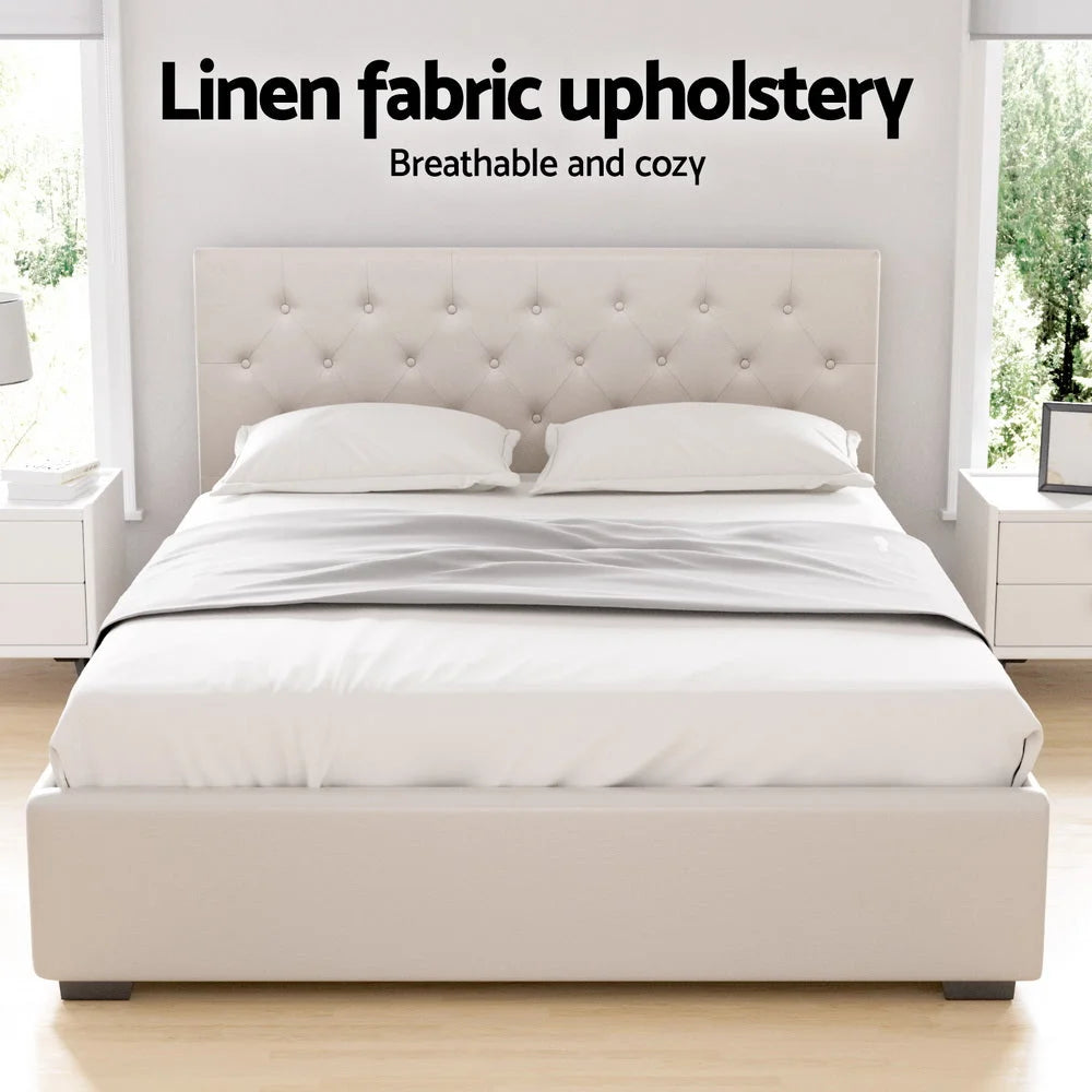 Artiss Bed Frame Queen Size Gas Lift Beige VILA - Furniture