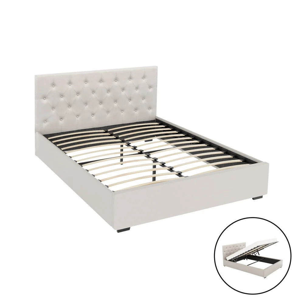 Artiss Bed Frame Queen Size Gas Lift Beige VILA - Furniture