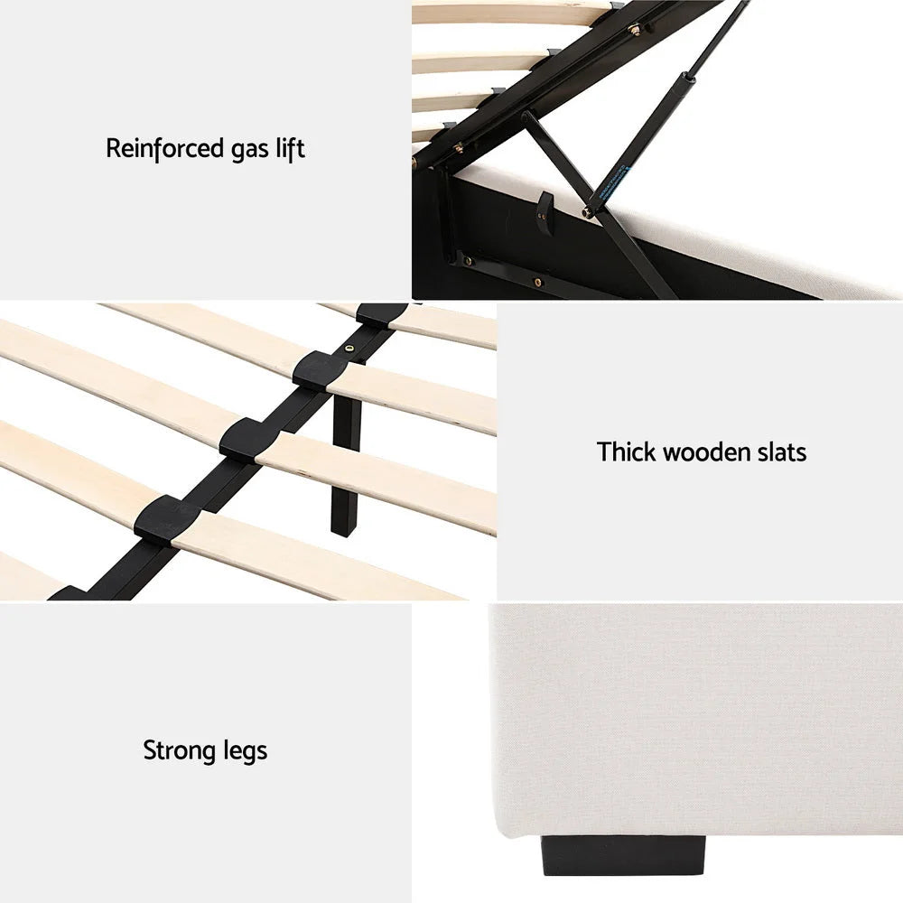 Artiss Bed Frame Queen Size Gas Lift Beige VILA - Furniture