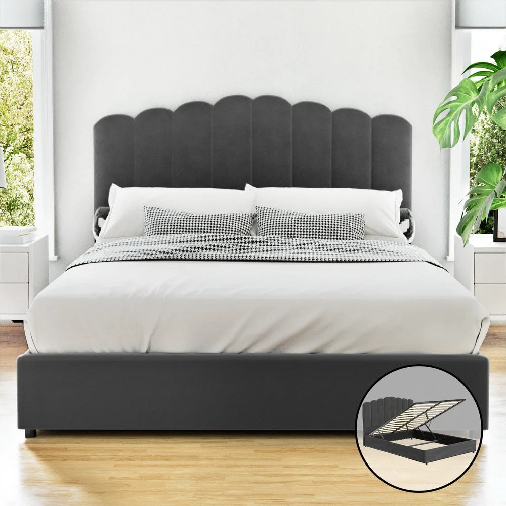 Artiss Bed Frame Queen Size Velvet Grey FION - Furniture >